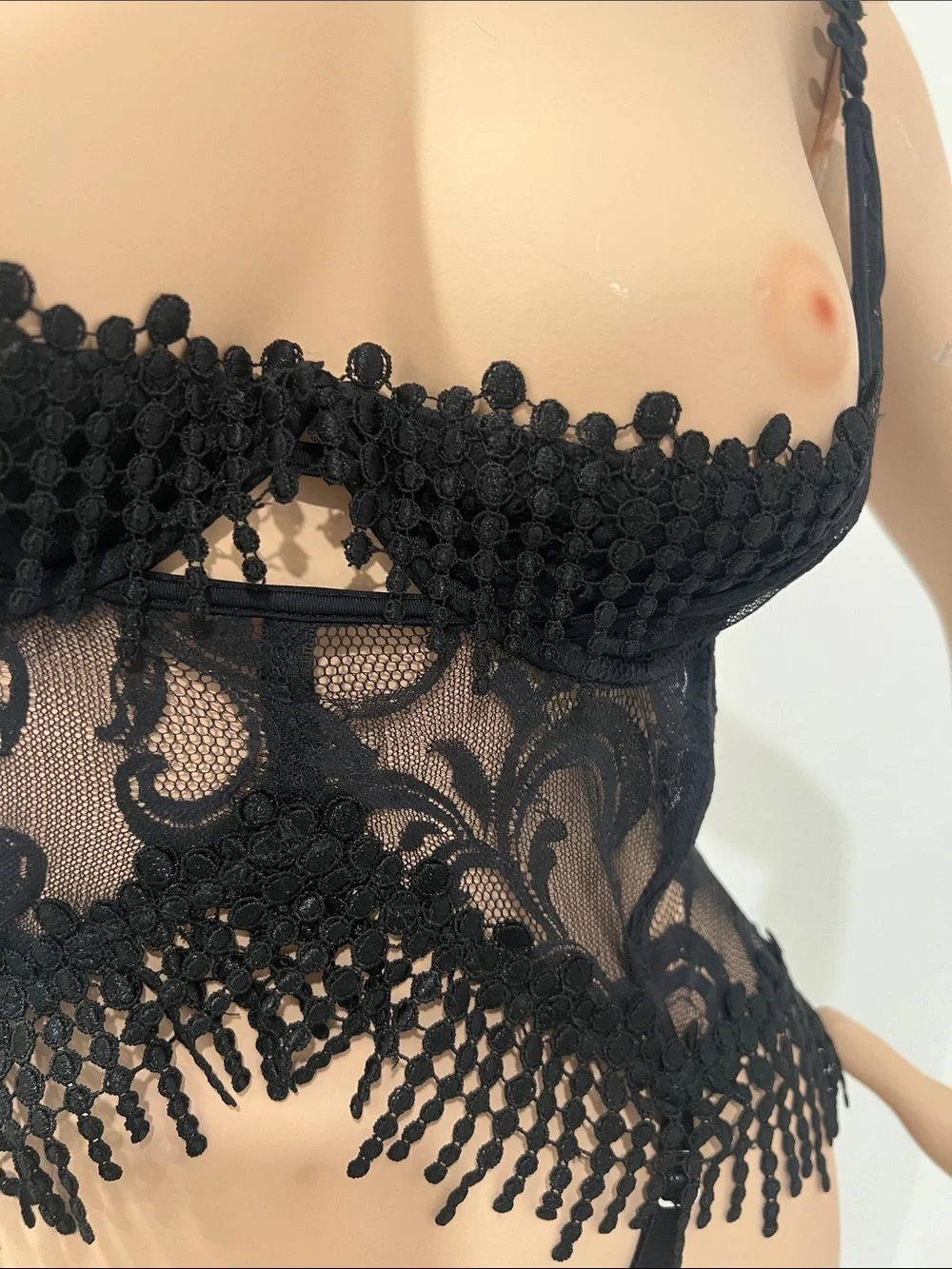 Luxxa intimate French lingerie Black Sheer Lace Bustier M with Fringe & Garter